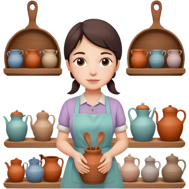 cartoon Apple iOS emoji style woman, pastel colors, Chilean wooden kitchen background, clay pots, warm light, detailed and clean vector art emoji