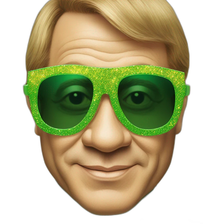 elton john wearing green and yellow patterened oversized square sunglasses with scalloped edges for mardi gras emoji