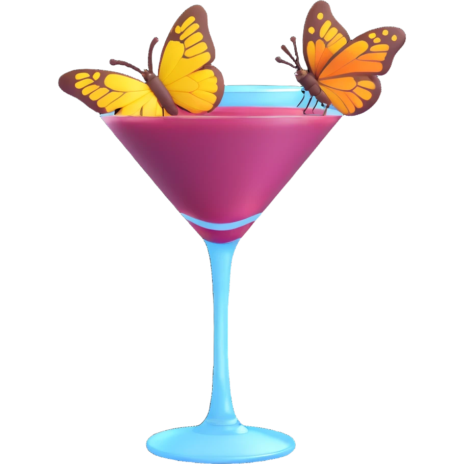 3D emoji style cocktail glass with burgundy drink and a butterfly perched on the rim emoji