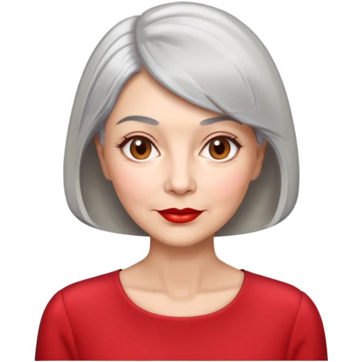 Elegant senior woman with silver-gray bob haircut, light skin, almond-shaped hazel eyes, red lipstick, wearing a red blouse, sophisticated expression emoji