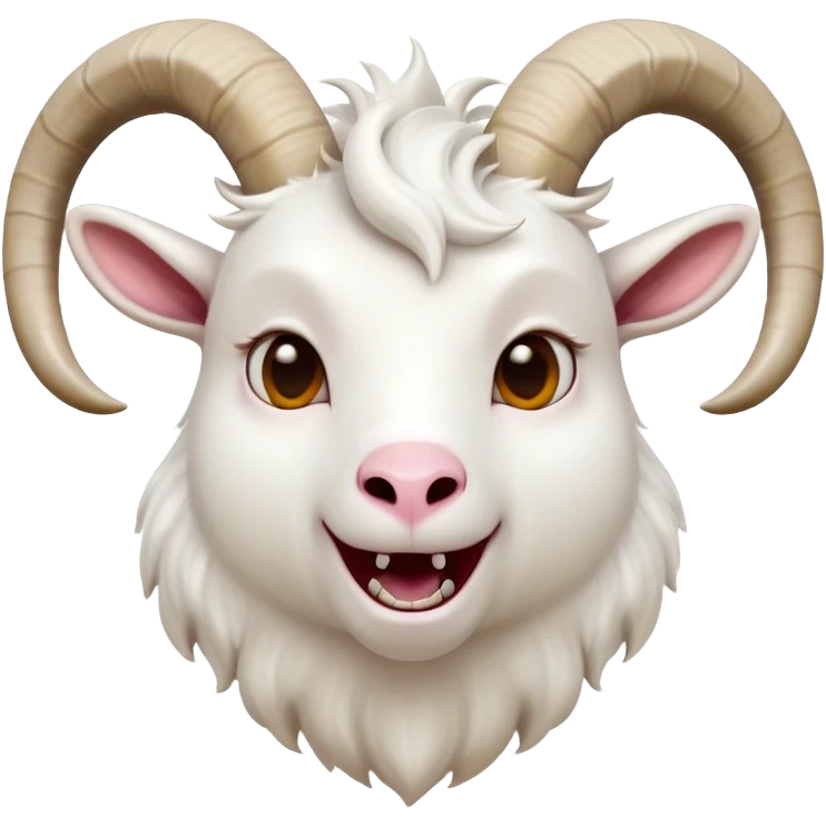Cinematic Comical White Goat Portrait Emoji, Head tilted dramatically with an exaggeratedly amused expression, featuring a sleek white fur with a prominently quirky set of curved horns, wide, expressive eyes filled with playful disbelief, Simplified yet hilariously expressive features, highly detailed, glowing with a slightly sassy glow, high shine, dramatic yet playful, stylized with an air of cheeky mischief, bright and endearing, soft glowing outline, capturing the essence of a spirited and over-the-top goat, so meme-worthy it feels like it could side-eye its way into internet fame instantly! emoji
