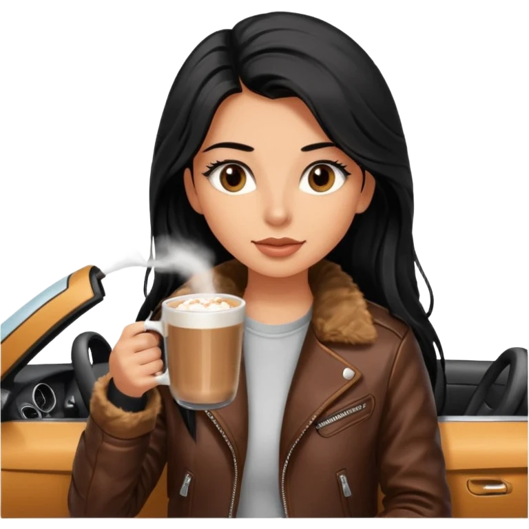Tanned Girl with lashes , bright black long hair, in an extremely big fluffy brown mustang, and drinking hot chocolate drink emoji