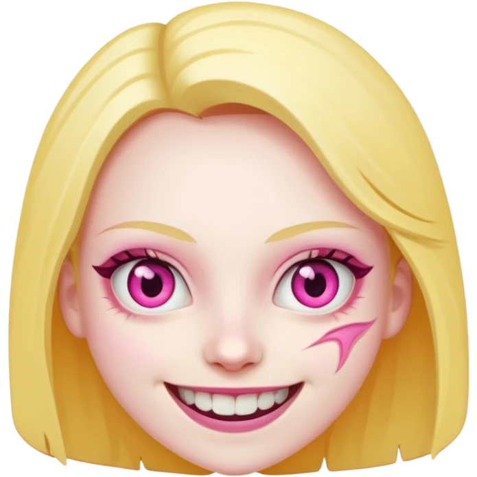 face with a wide slasher smile, pink and yellow eyes, slightly tilted emoji