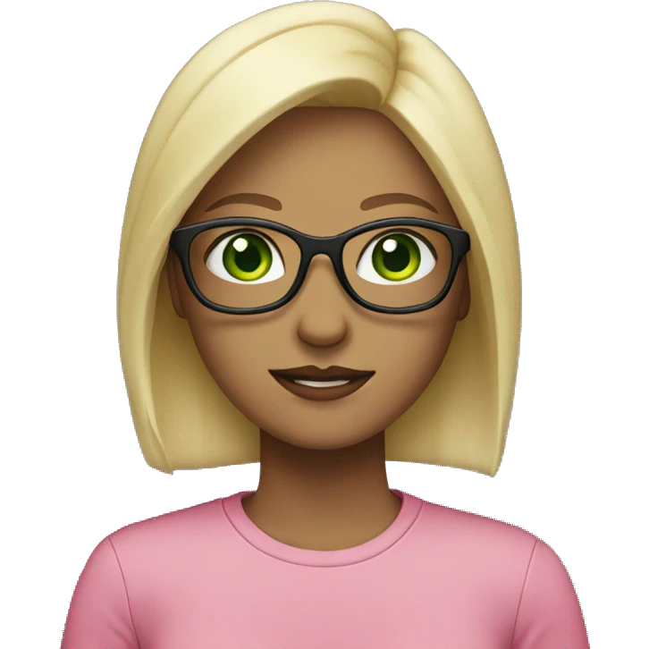 female, blonde, black rimmed glasses, green eyes, pink shirt emoji