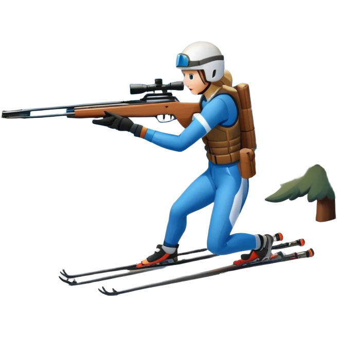 An icon showing a snowy landscape with pine trees, mountains, and a clear sky with a biathlete aiming a rifle in the foreground, wearing winter gear and skis. Transparent background emphasizes the precision, endurance, and beauty of this winter sport. emoji