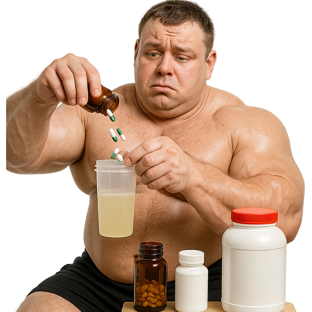 realistic beginner bodybuilder mixing pills and liquids from various bottles, confused look, swollen muscles but puffy face and glossy eyes, white background, 4K quality emoji