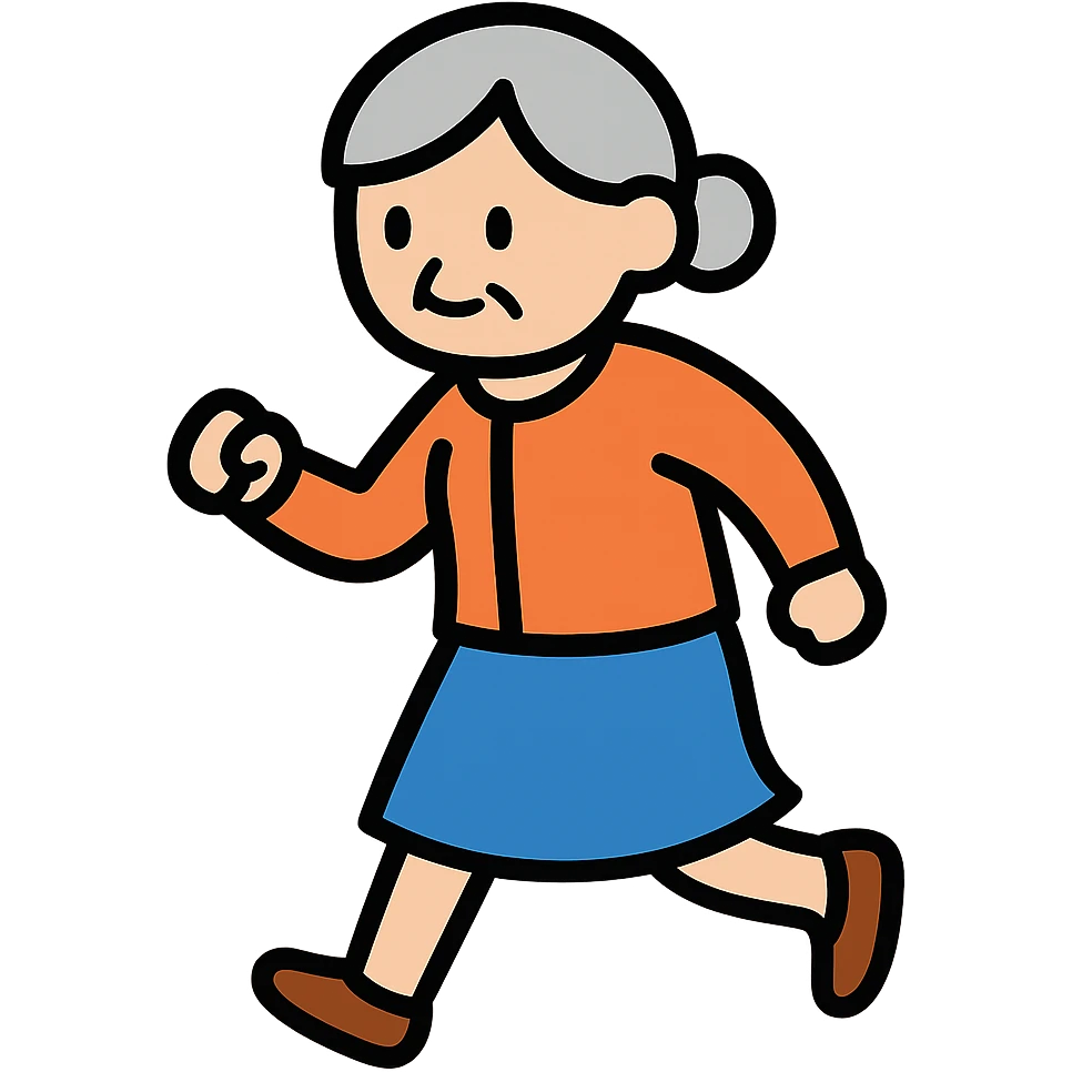 Change the walking pose of the elderly woman with short hair to a brisk walk. emoji