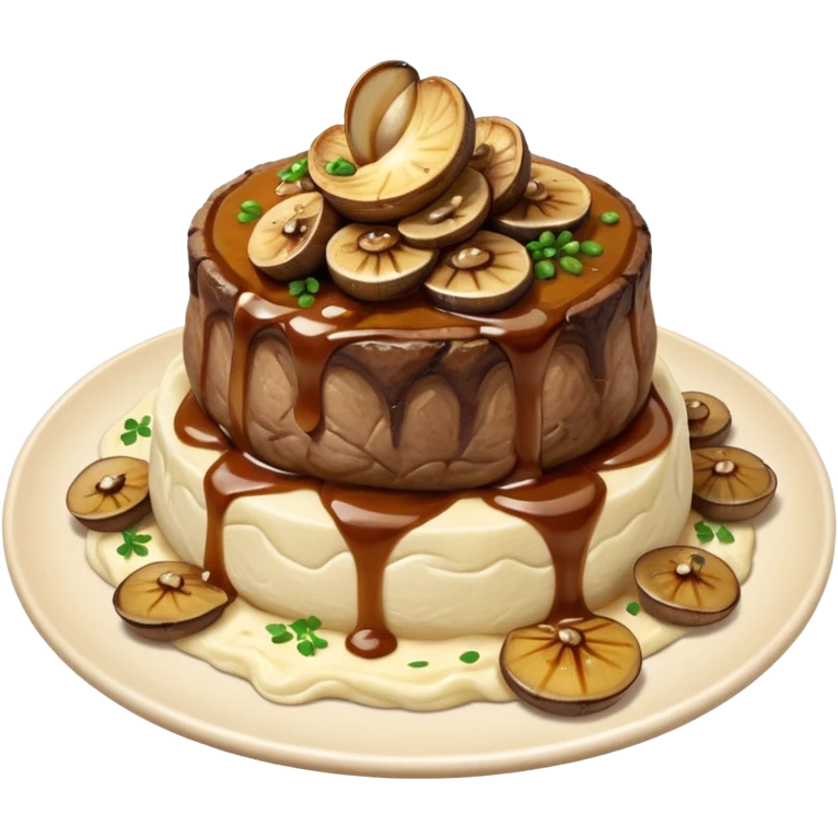 Filet mignon, on a bed of mashed potatoes and gravy , smothered in grilled onions and grilled mushrooms emoji