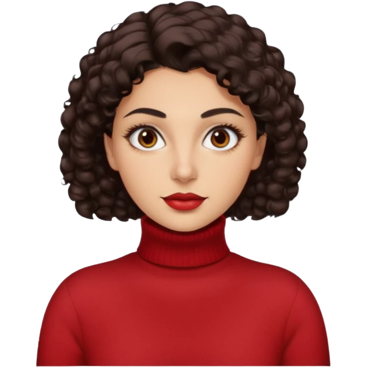 30 yr iranian woman dark brown hair curly wavy short hair, red turtle neck sweater, very thick eyebrows, light skin emoji