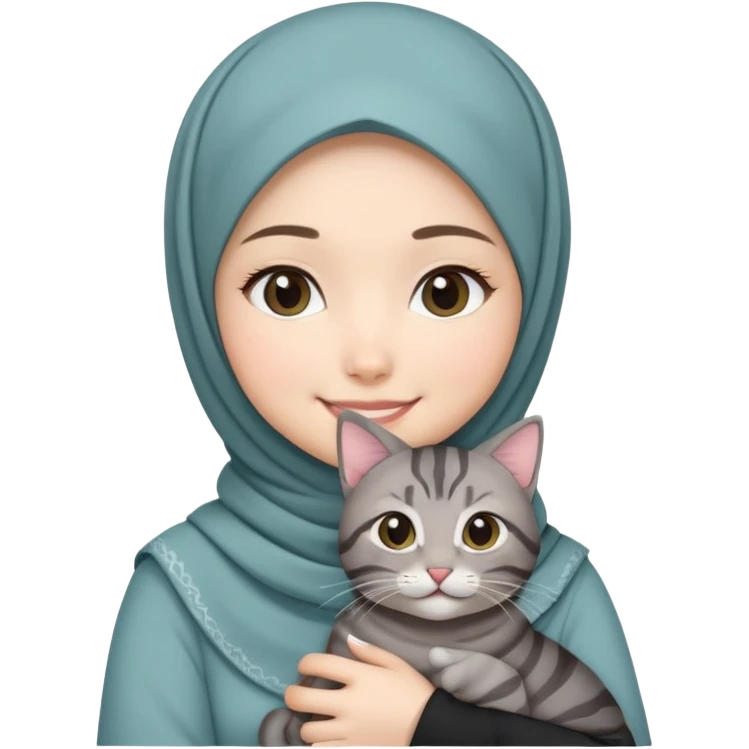 Asian White girl wearing cute hijab holding a black grey tabby cat while smiling.  emoji