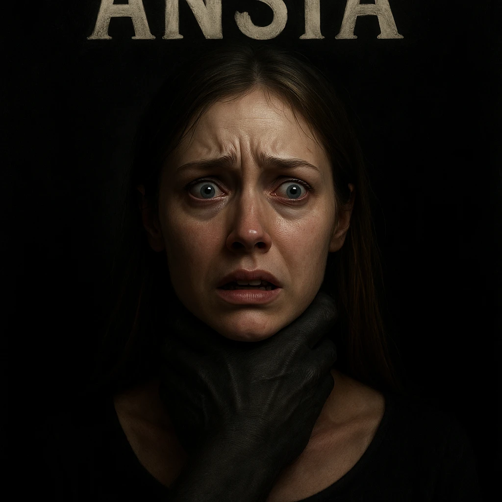 Create a hyperrealistic 4K image of a realistic woman with an anxious and scared face. A large realistic black hand is gripping her neck to represent anxiety. The atmosphere is oppressive with dramatic lighting. Include the word 'ANSIA' above her head. The style should be hyperrealistic and dramatic as described. emoji