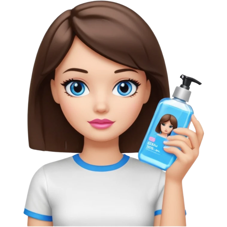 Barbie girl with makeup, blue eyes , and bob long haircut, short brown hair in white T-shirt, face gel in hand emoji