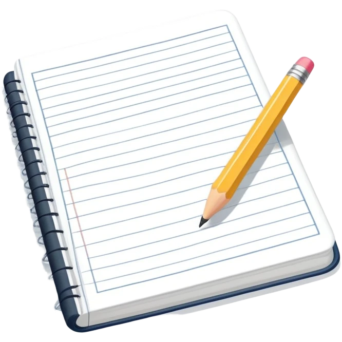 A flat-style illustration of an open lined notebook with a pencil resting on it, symbolizing secondary school education. The notebook is simple, clean, and academic-looking. Minimal cartoon style, white background, iOS emoji aesthetic. emoji