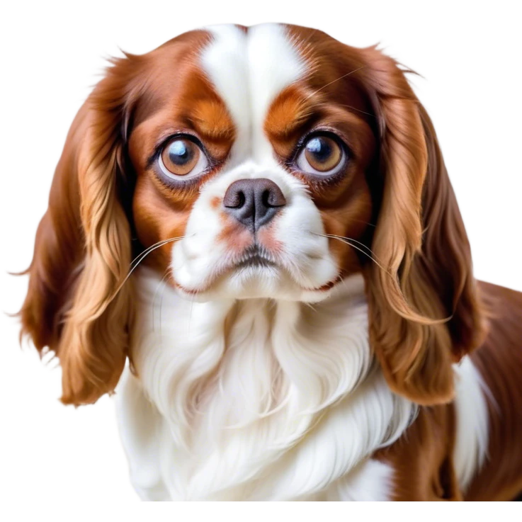 Cinematic Meme-Worthy Grumpy Blenheim Cavalier King Charles Spaniel Portrait Emoji, Head held high but eyes filled with dramatic disappointment, smooth Blenheim coat with striking chestnut and white patches, deeply furrowed brow forming an unmistakable scowl, floppy ears slightly angled back in disapproval, piercing brown eyes glaring with pure exasperation, Simplified yet hilariously over-exaggerated features, highly detailed, glowing with an aura of supreme annoyance, high shine, exhausted yet judgmental, stylized with an almost regal pettiness, bright but brooding, soft glowing outline, capturing the essence of a companion that has seen it all and is thoroughly unimpressed, so meme-worthy it feels like it could instantly become the next viral sensation of grumpiness! emoji