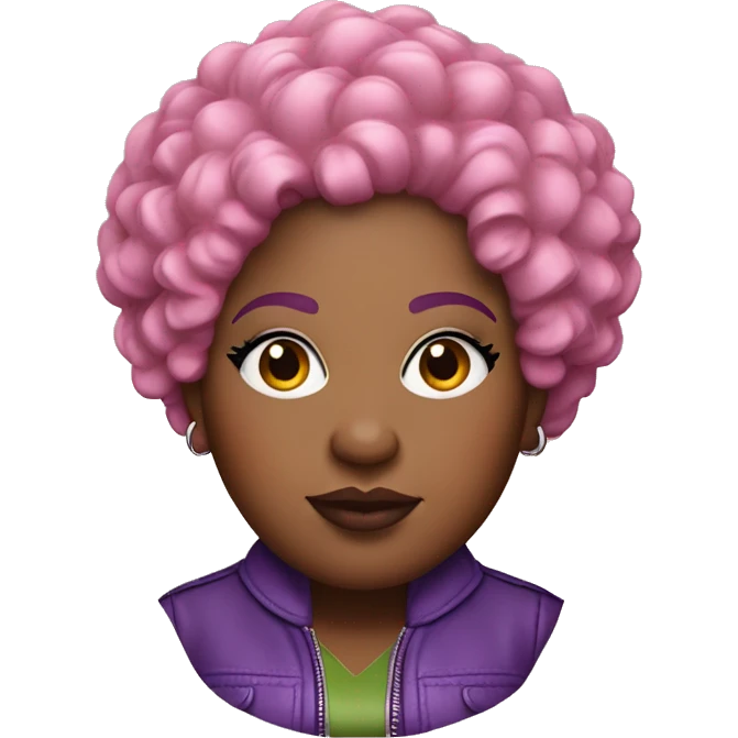 Plus size black woman with very short pink curly hair and a purple leather jacket with makeup on face. emoji