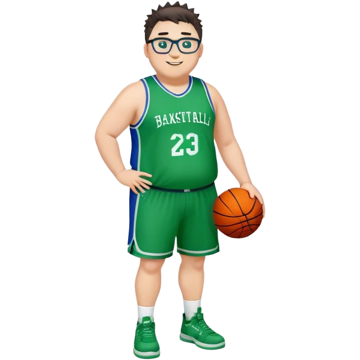 Full Body overweight white male with dark short spike hair basketball player wearing glasses wearing blue green uniform smiling emoji