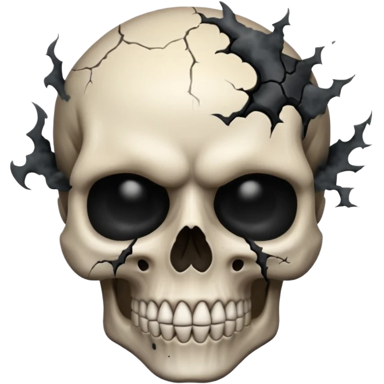 iOS style emoji, dark fantasy skull, cracks, black smoke from eyes, soft light, stylized emoji