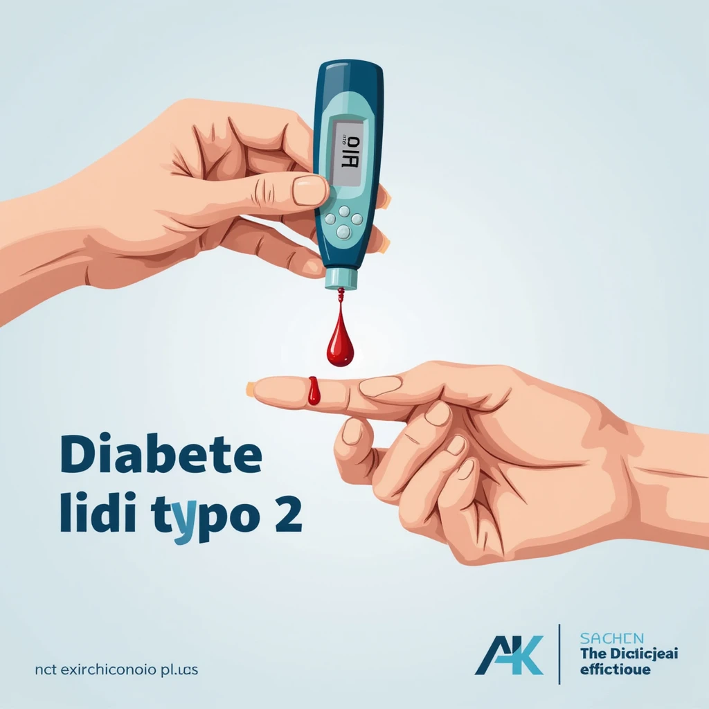realistic illustration of a hand measuring blood glucose with a glucometer, drop of blood on finger, clinical background, Italian text 'Diabete di tipo 2', 4K quality emoji