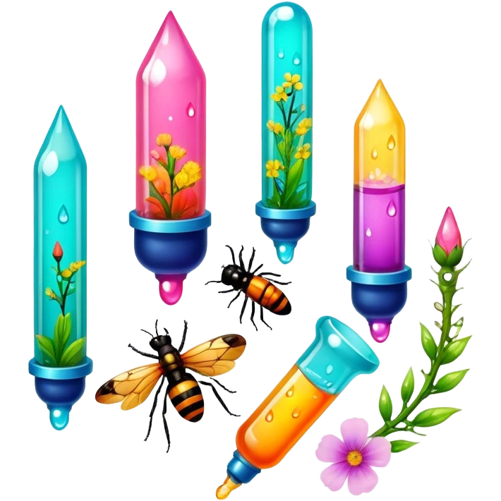 Create an icon that represents decorative arts using epoxy resin. The design should feature colorful tubes of resin, including fluorescent resin tubes, with visible drops or strokes of resin being applied to create intricate designs. Include finished resin jewelry pieces, such as pendants or rings, containing preserved flowers and insects encased in clear resin. The composition should feel vibrant, artistic, and delicate, showcasing the unique beauty of resin art with natural elements. The background should be transparent emoji