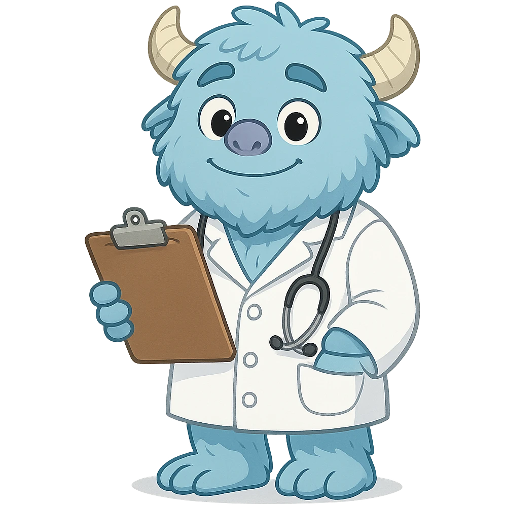 cartoon blue yeti, gentle eyes, dressed as a doctor in a white coat, holding a clipboard emoji