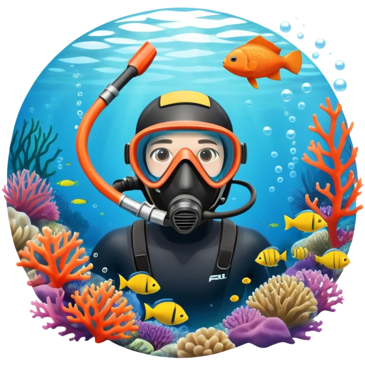 An icon featuring a close-up of a freediving mask and snorkel, with a breath-holding diver's fins, set against a vibrant underwater world. The design includes coral reefs, fish, and bubbles, symbolizing the serene beauty and thrill of freediving. Transparent background highlights the calm emoji