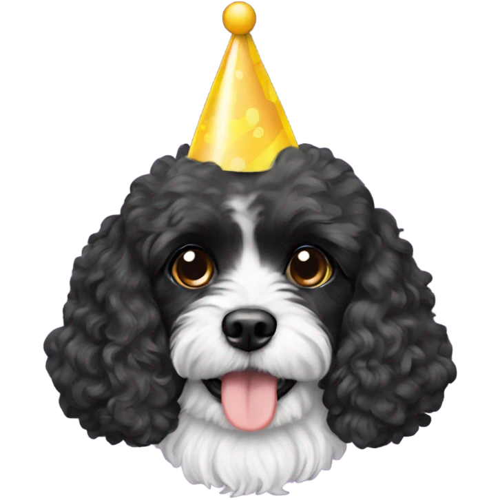 All black Cavapoo with a party cap emoji