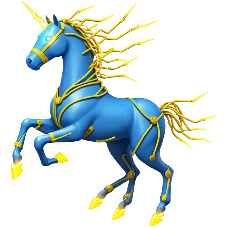 yellow fast electric horse made of electricity, bolts, visible yellow wires, lightning, blue electricity accents, dynamic running pose emoji