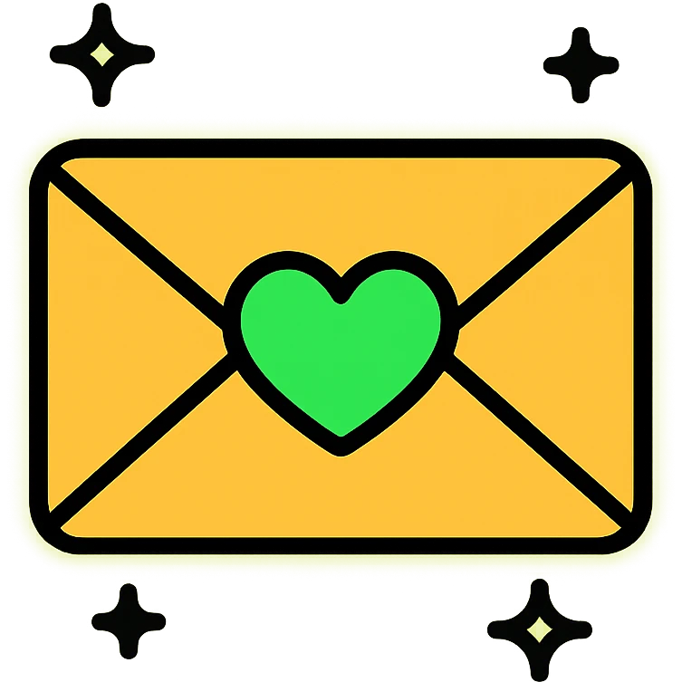 a letter sealed with a neon green heart, glowing effect emoji