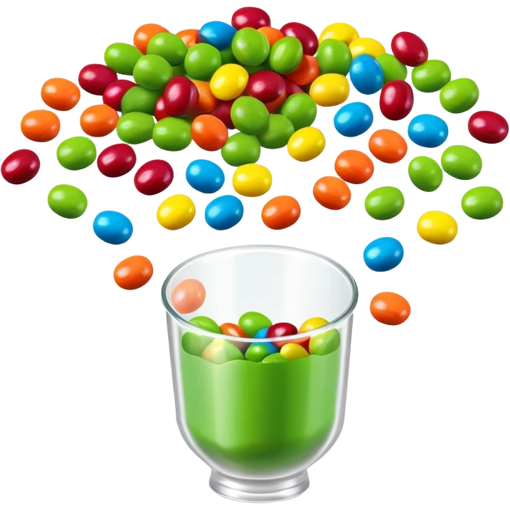 Regular colorful rainbow Skittles candy package spilling only green round candies, standard colorful Skittles packaging with only green Skittles coming out emoji