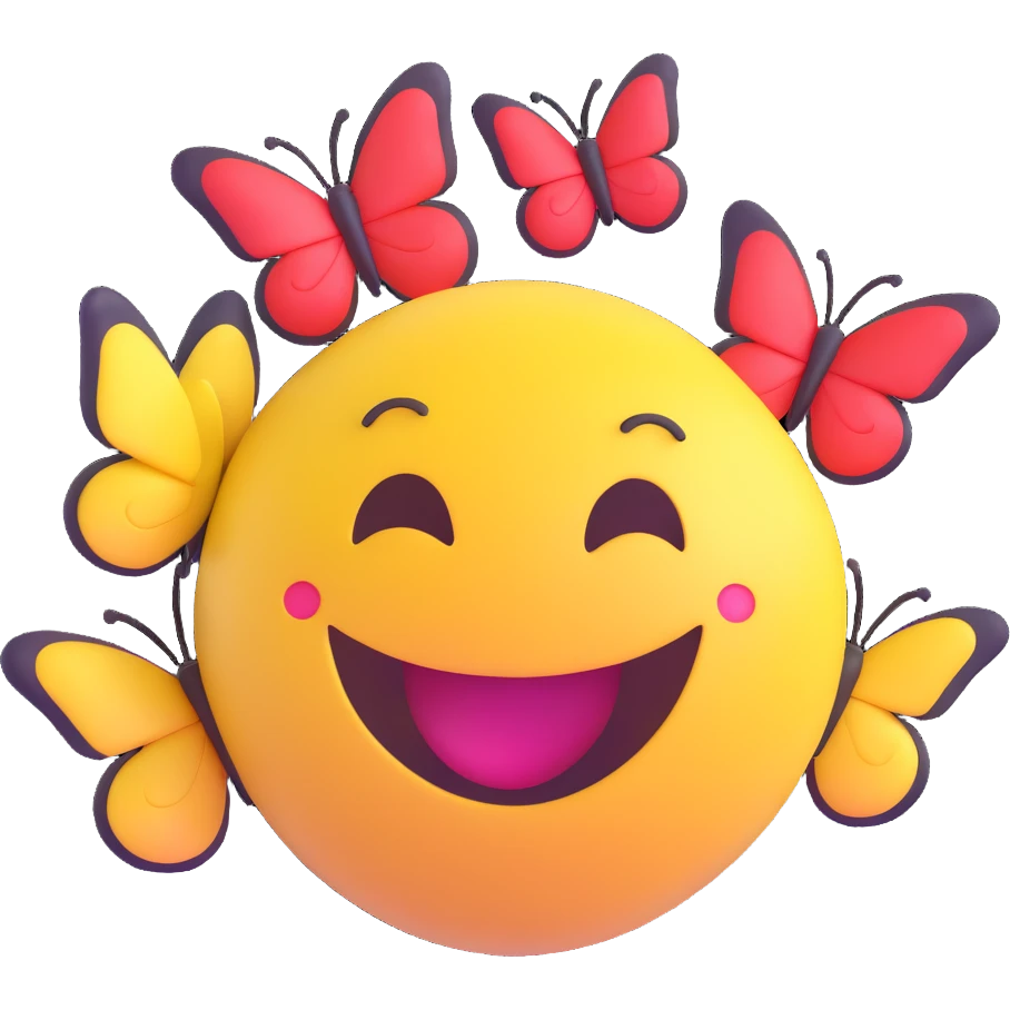 3D smiley emoji, round shape, in love: heart butterflies, smiling face, no body emoji