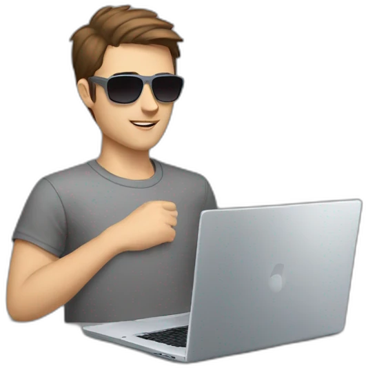 young white male with brown hair and brown eyes, wearing grey T-shirt, having pilot sunglasses, while having hands on the silver laptop and having silver rolex on whrist emoji
