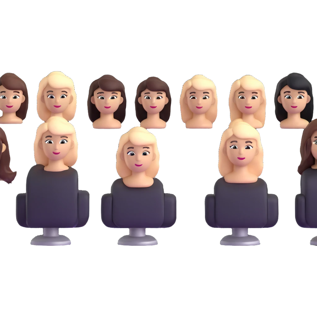 hair salon classroom with students practicing on mannequin heads emoji