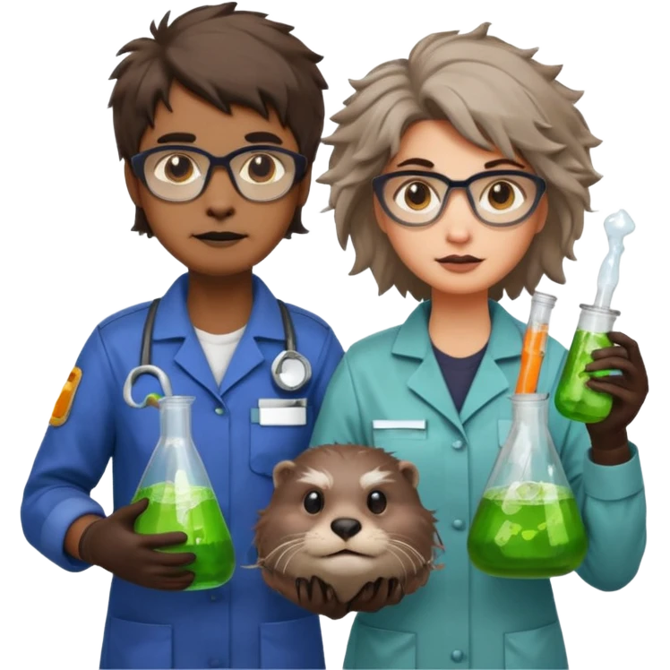 an otter disguised as a woman garbage collector next to a man mad scientist emoji