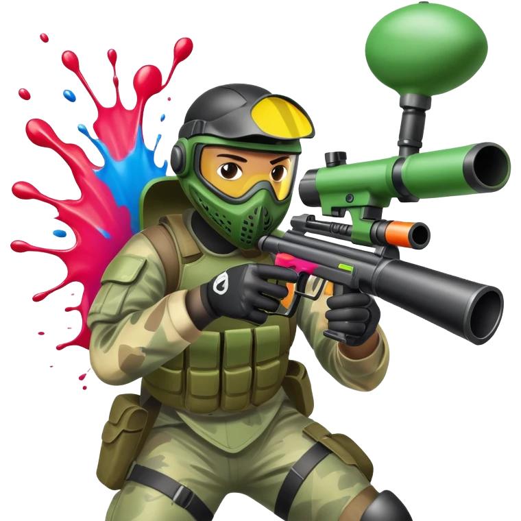 A paintball player in full gear, aiming a paintball gun with focus and determination. The scene includes vibrant splashes of paint and a dynamic battlefield setting, emphasizing action, strategy, and teamwork in a competitive environment emoji