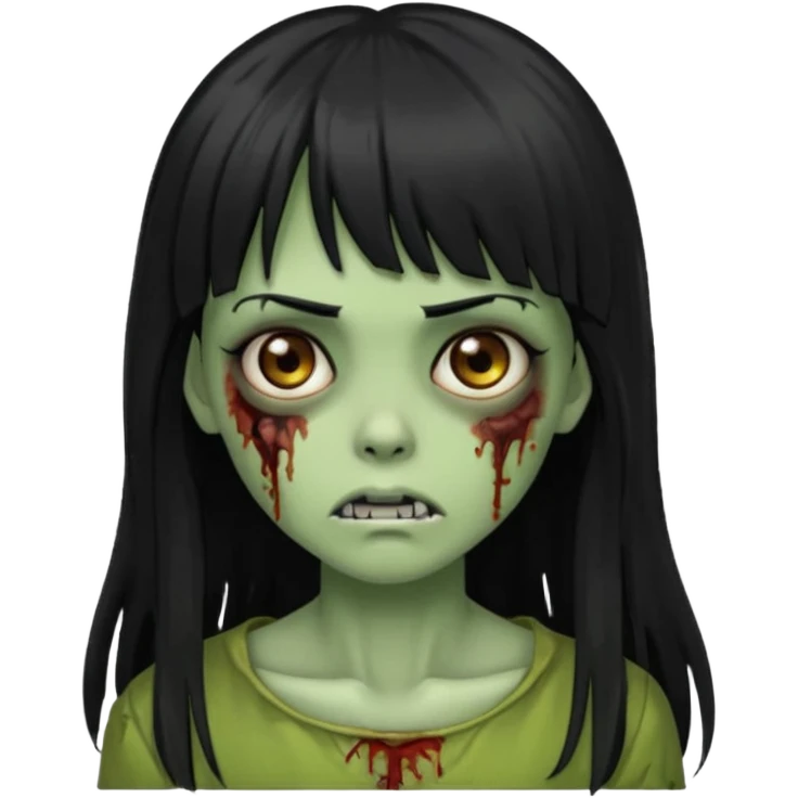 Zombie emoji girl, skin green, black long hair with bangs black, brown eyes  emoji