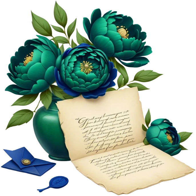A charming arrangement of deep green peonies placed beside an old blue love letter with an intricate navy blue wax seal. emoji