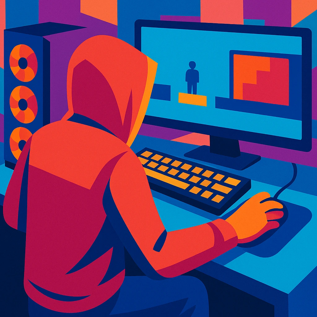 hooded man at a gaming setup, seen from the back, hands on keyboard and mouse, vibrant colors emoji