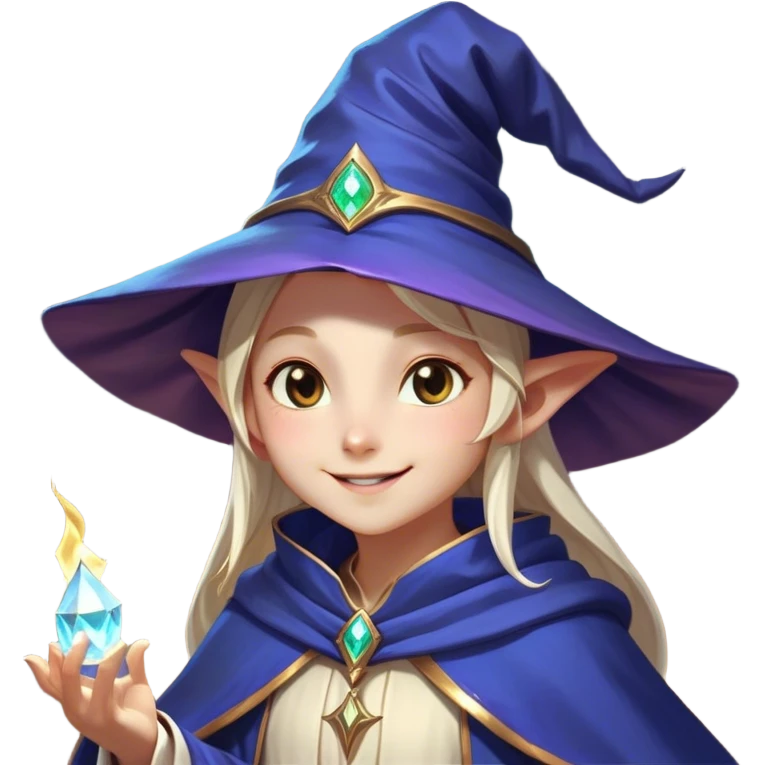 Clash of Clans aesthetic Playful Mage Portrait Emoji, Head tilted with a mischievous glimmer and subtle enchanting smile, featuring a compact, gracefully robed form with a pointed wizard hat and twinkling eyes in natural skin tone, Simplified yet irresistibly charming features, highly detailed, glowing with a warm, inviting magical glow, high shine, spirited and imaginative, stylized with a touch of whimsical sorcery, soft glowing outline, capturing the essence of a playful mage exuding friendly arcane wonder! emoji