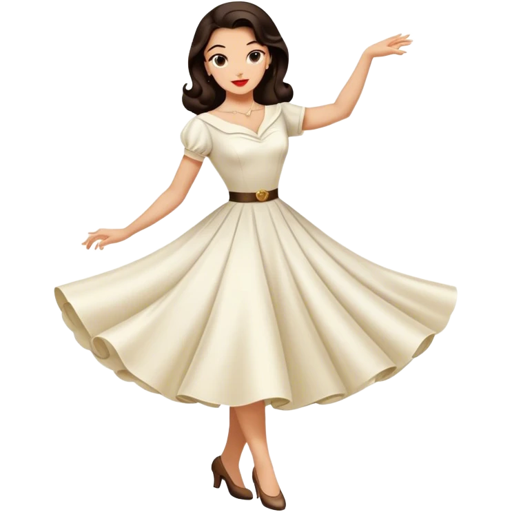 Beautiful woman in 1950’s woman fashion look, white dress, long dark brown hair, balboa dance emoji