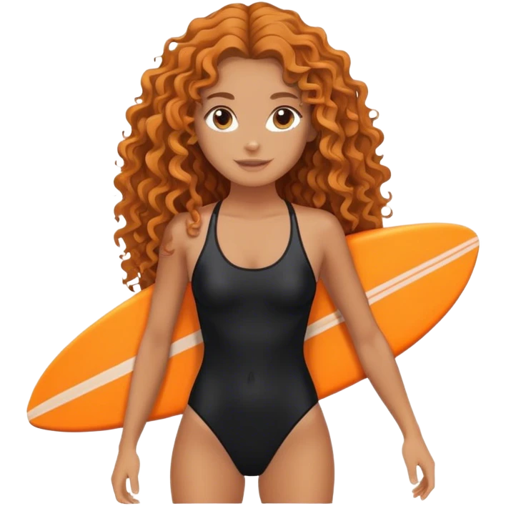 Surfer girl with black swimsuit and orange surfboard and long curly hair emoji