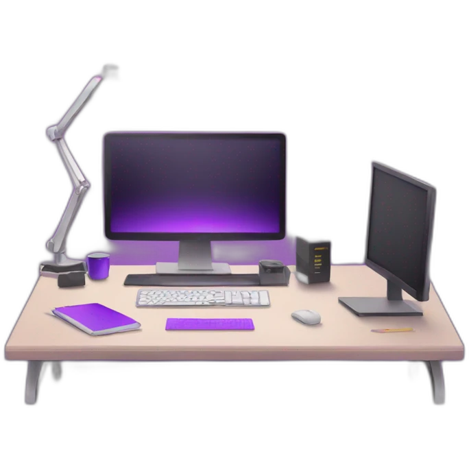 web developers desk with purple screen emoji