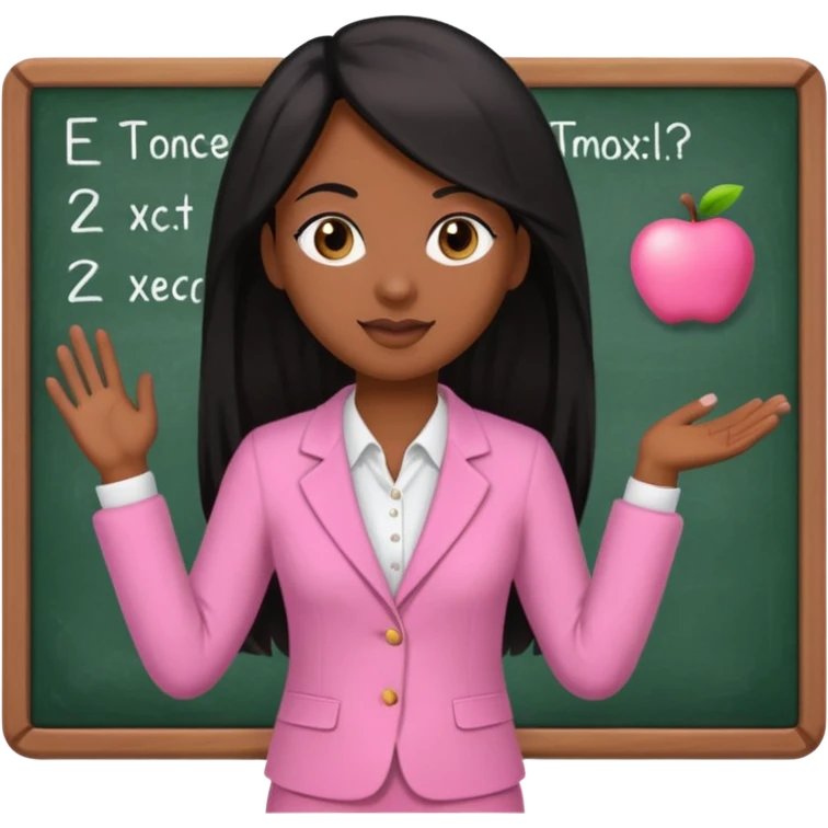 a brown skin teacher with hair with black straight long hair wearing pink not hot pink 2 piece set teaching up on a board the board  emoji