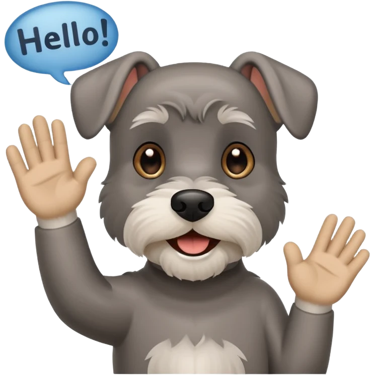Happy Schnauzer waving hello. A speech bubble with HELLO emoji