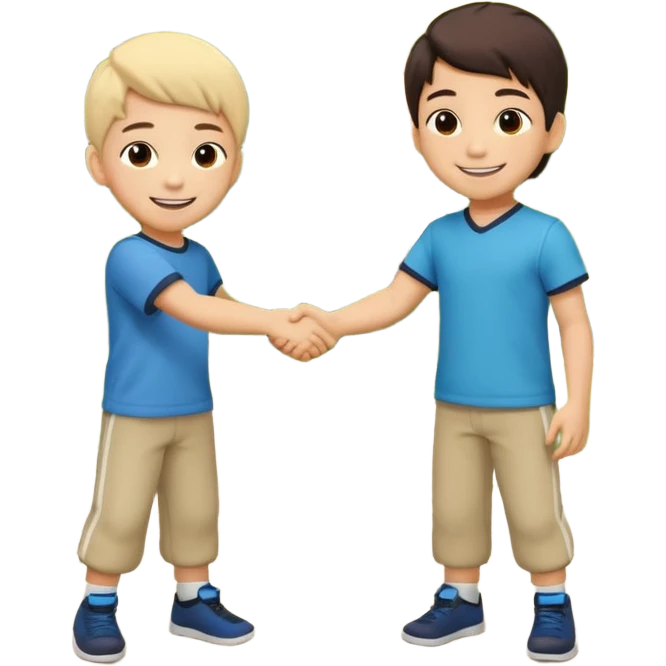A cute 4-year-old Japanese boy with a big proud smile, shaking hands with another boy to make up after a fight, in a sunny park. Toys on the ground, both looking happy and relieved, warm friendship vibe, cartoonish style, vibrant colors, high detail. emoji