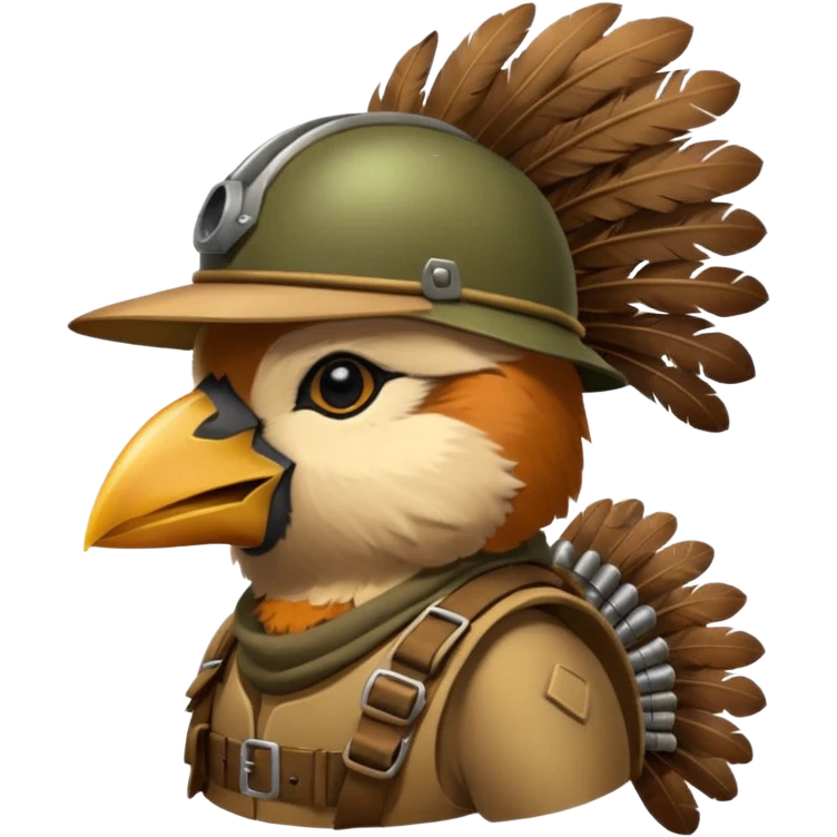 A bird bombadier, bandolier of grenades, side profile, forest critter emoji