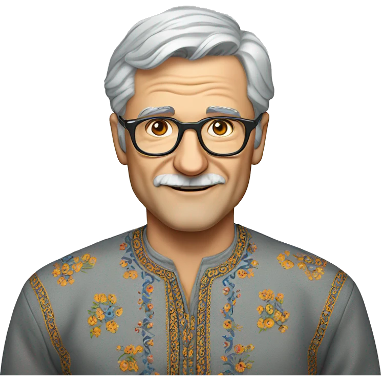 European gray-haired man in a Ukrainian embroidered shirt, glasses, no mustache emoji