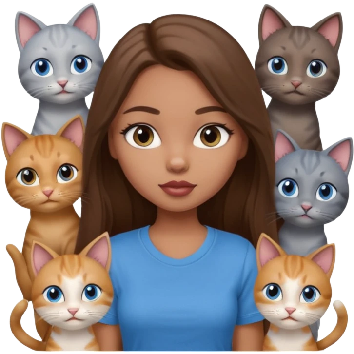 a pretty bratz dusky light skin girl with long brown hair, blue eyes with six cats nd wearing a grey tshirt emoji