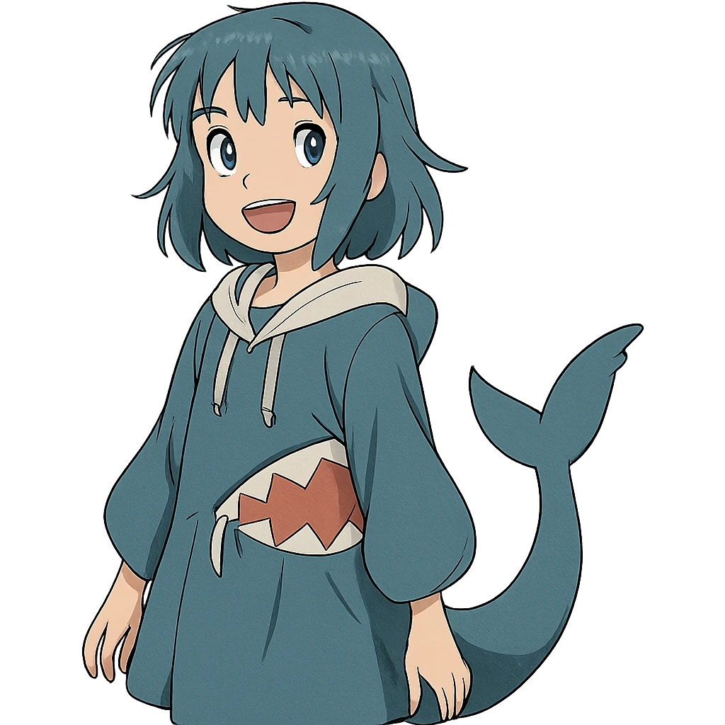 anime character, girl with blue hair, shark tail, smiling emoji