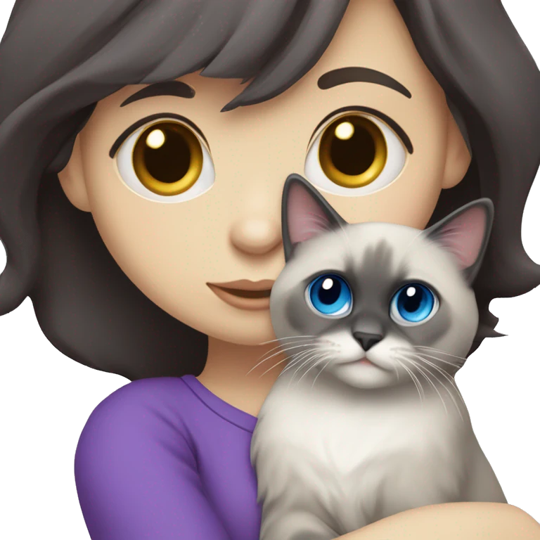 Dark-haired blue eyed girl wearing purple hugging blue colorpoint ragdoll cat emoji
