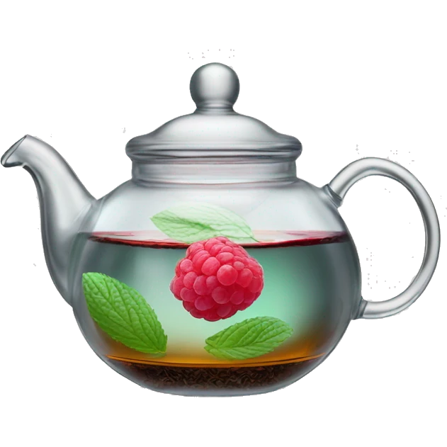transparent glass teapot for tea brewing, inside of which is black tea with raspberries, lemon and mint and cinnamon emoji